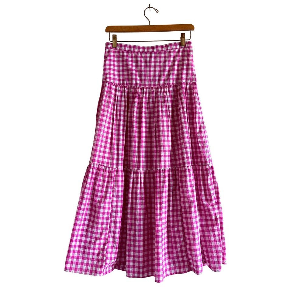 J.Crew Womens XS‎ Pink White Gingham Tiered Cotton Maxi Skirt Re-Imagined Lined